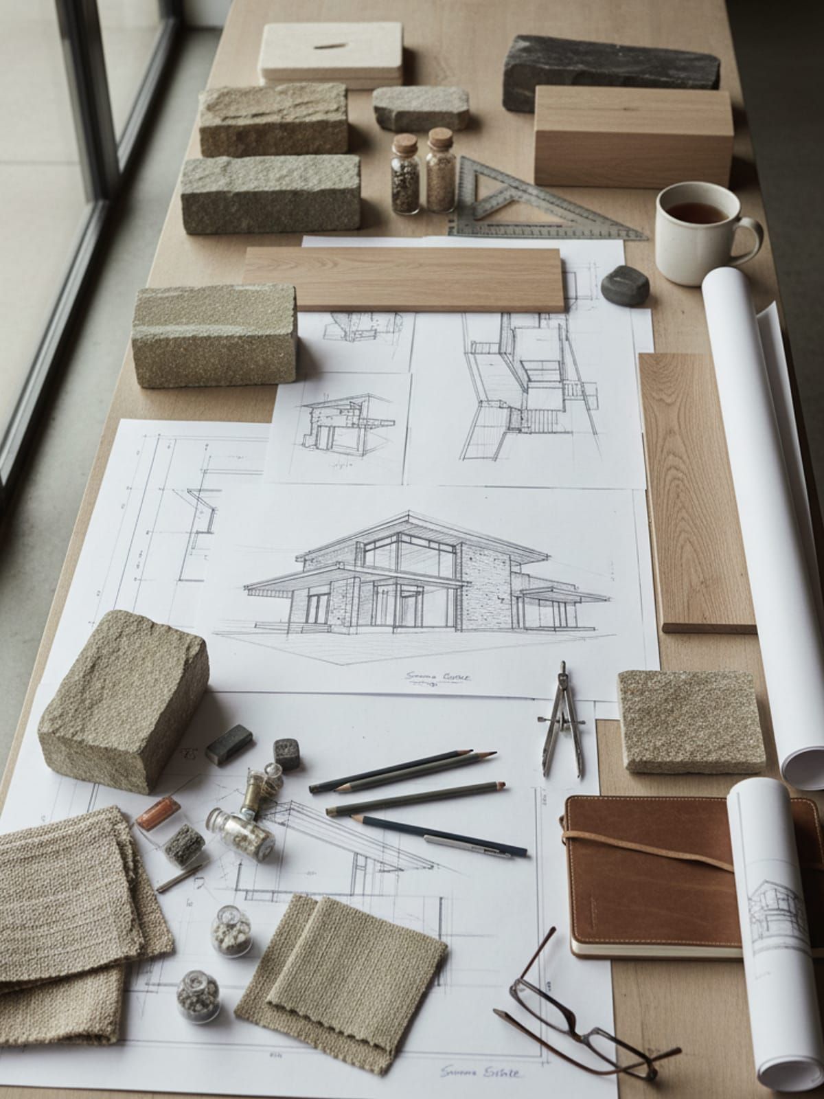 Architectural sketch and design drawings for luxury Sonoma estate, showing initial concept development phase